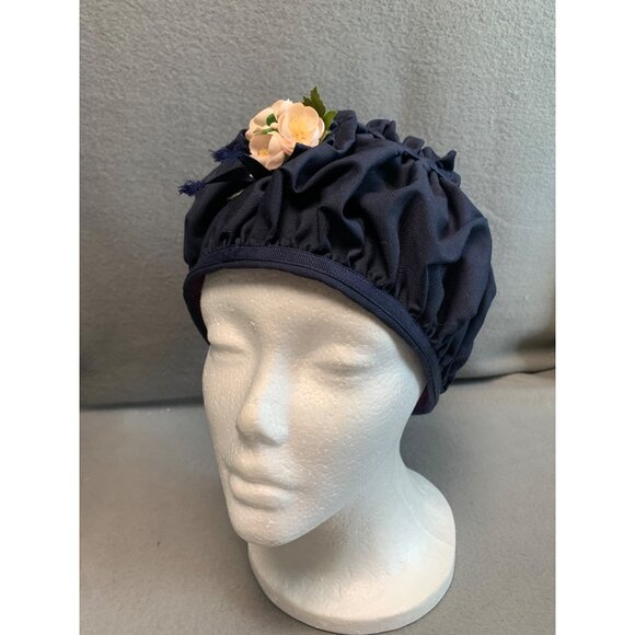 Handmade Navy Blue Ruffled Vintage Hat with Floral Accent by Pauline Boyer 21" - Picture 6 of 9